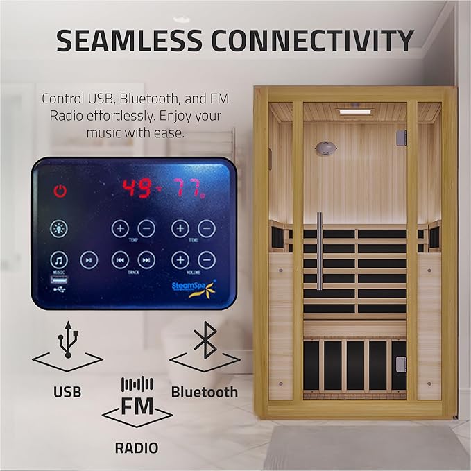 SteamSpa 1-2 Person Low EMF Carbon FAR Infrared Hemlock Wood and Tempered Glass Indoor Home Sauna Room with Redlight Heating Tube, LED Touch Control Panel, Color LED Therapy Light, Bluetooth Speaker
