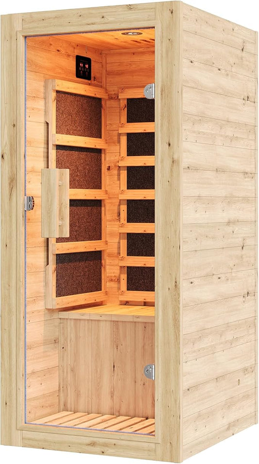 Jocisland 1 Person Infrared Sauna – 746W/110V Red Light, Pre-Warms to 149℉ in 15 Minutes, 106lbs Lightweight Spruce Wood Infrared saunas, Compact Dry Sauna for Home Spa & Apartments