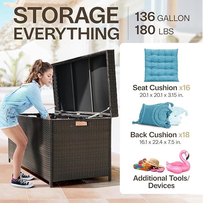 IDZO 136 Gallon Outdoor Wicker Storage Box, UV Weather & Water Resistant, Soft-Close Hinge, Poly Bag Included, Patio Cushion Storage - Brown