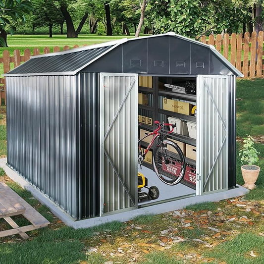 Ball & Cast 10x12FT Outdoor Storage Shed,Large Metal Tool Sheds with Locking Double Doors,Garden Tool House W/Arch Roof & Ventilation Slots,for Backyard Garden Patio Lawn,Black