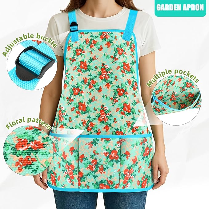 Garden Tools Set, JUMPHIGH 10 PCS Heavy Duty Gardening Tools Includes Hand Trowel Rake Weeder Pruner, Gardening Gifts for Women, Garden Kit with Tote Bag, Apron, Gloves, Kneeling Pad