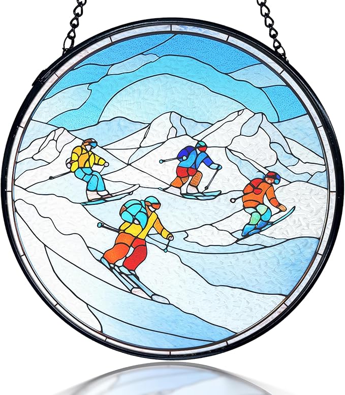 kdqua Winter Ski Suncatcher Stained Glass Window Hanging, Ski Lovers Gifts for Women Sun Catchers Indoor Window Glass Round Wall Decor, Winter Skiing Wall Art Hanging Decorations Statues, 7.9x7.9in
