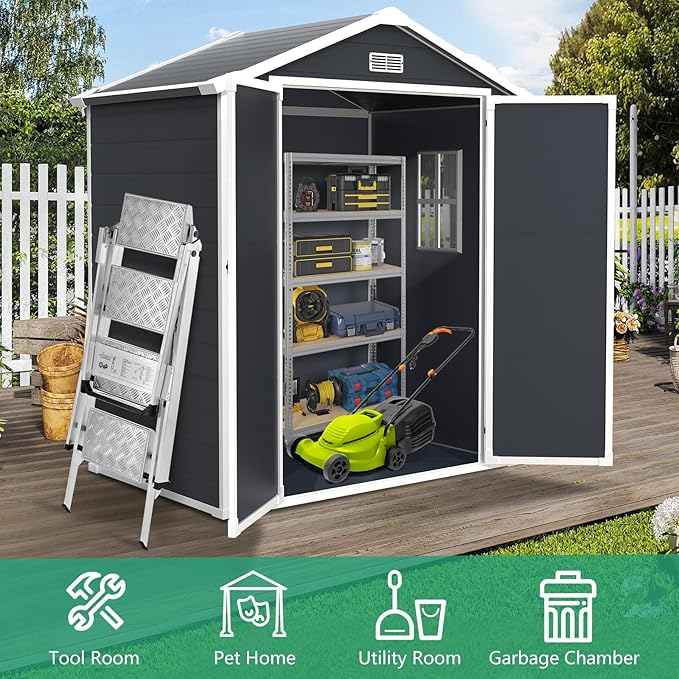 Seizeen 6x4.4ft Resin Shed with Floor, Waterproof Outdoor Plastic Shed w/Lockable Doors, Window & Vents, Outdoor Storage Shed for Storing Lawn Mower, Patio Furniture, Tools, Bike (Dark Gray)