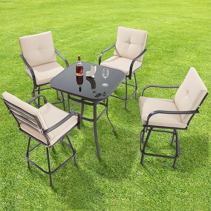 Patio Swivel Bar Stools, Outdoor High Back Swivel Bar Stool Chair Set of 2 with Cushion & All Weather Steel Frame, Beige