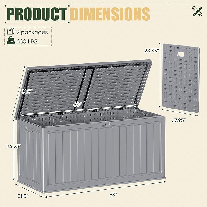 JUMMICO 270 Gallon Outdoor Storage Deck Box with Divider, Double Wall Storage Box with Lockable Lid for Garden Tools, Pools Supplies (Gray)