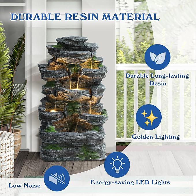 TITIMO 7-Tier Cascading Rock Water Fountain Outdoor Garden Waterfall with Lights,Fountain Indoor Decor for Garden, Patio, Backyard, Deck, Porch and Home Art Decor (24" H)