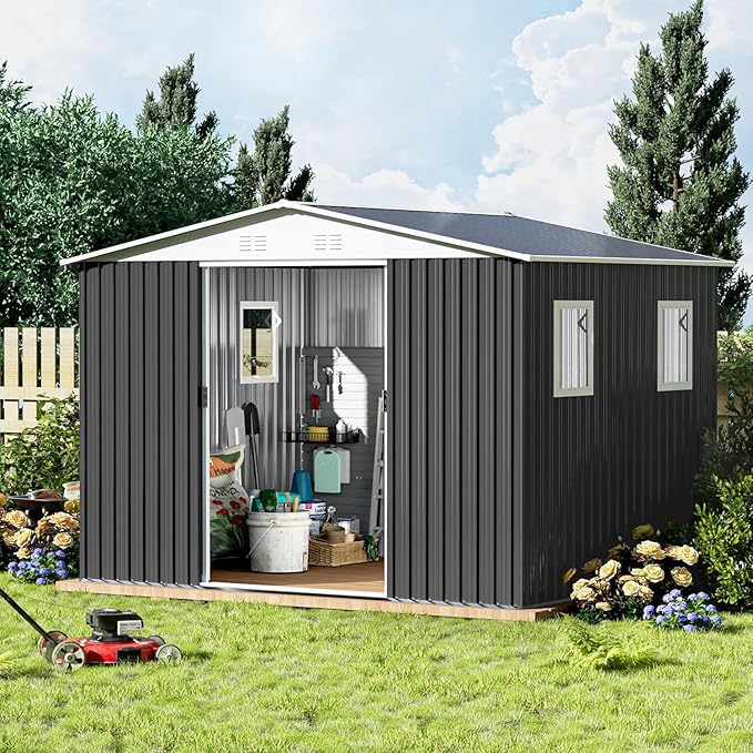 Ball & Cast 6x9 FT Outdoor Storage Shed, Metal Garden Sheds with Punched Vents and Sliding Door, Clearance Tool House with Aluminum Frames for Backyard Patio,Grey