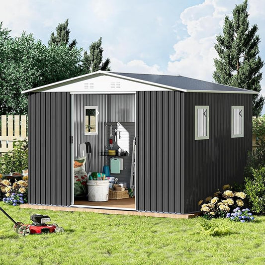 Ball & Cast 6x9 FT Outdoor Storage Shed, Metal Garden Sheds with Punched Vents and Sliding Door, Clearance Tool House with Aluminum Frames for Backyard Patio,Grey