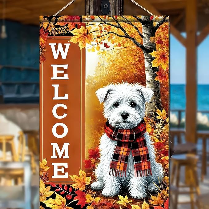Thanksgiving Fall Garden Flag 12x18 Inch Welcome West Highland White Terrier Dog Outdoor Flag Double Sided Autumn Yard Banner with Plaid Scarf and Leaves Decor for Porch Lawn Patio