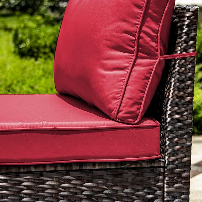 Outdoor Patio Furniture Set, 9 Pieces Outdoor Furniture All Weather Patio Sectional Sofa PE Wicker Modular Conversation Sets with Coffee Table,8 Chairs & Seat Clips(Red)