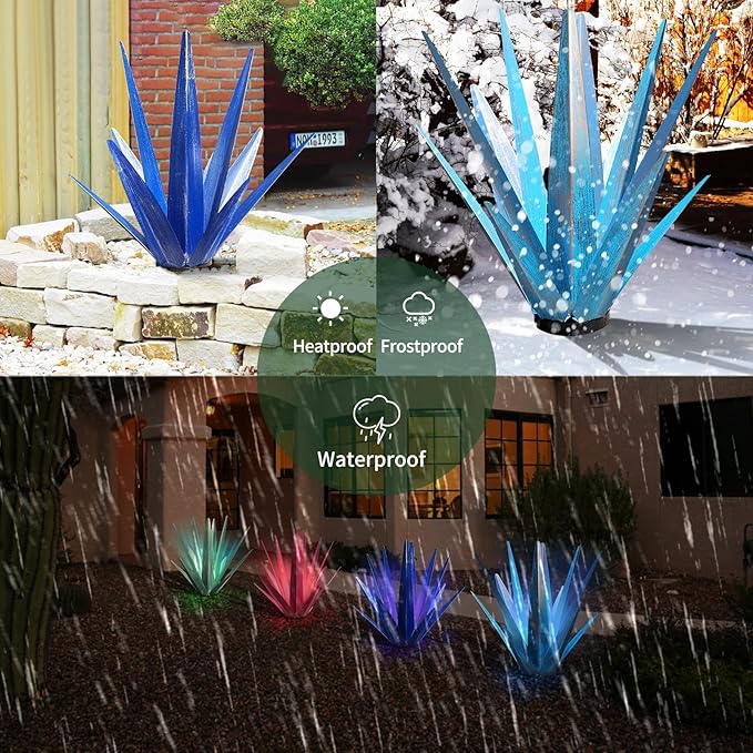 Large Tequila Rustic Sculpture, Rustic Metal Agave Plants for Outdoor Patio Yard, Home Decor Hand Painted Metal Agave Garden Yard Statue, Outdoor Lawn Ornaments (Rose Red - L (W/Solar Light))