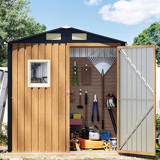 6X4FT Garden Storage Shed with Frame Floor & Lockable Door,Steel Tool Shed with 1 Clear Window, Anti-Corrosion Metal Shed for Backyard Patio Lawn (Light Wood Grain)