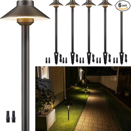 Gardenreet Brass Low Voltage Pathway Lights - 12V Landscape Path Lights Wired, LED Walkway Light Waterproof IP65, Hat Shaped ‎Classic Bronze for Outdoor Entrance Garden G4 Bulb Not Included (6 Pack)