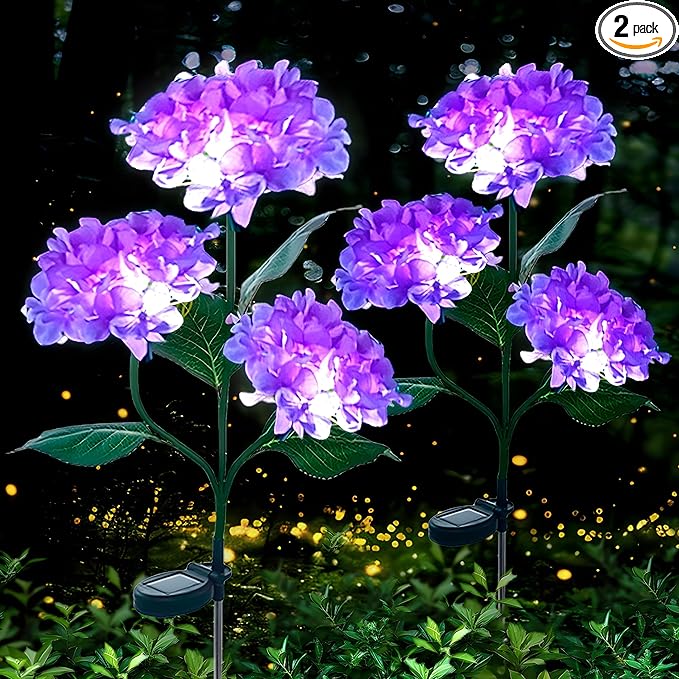 Aolyty Solar Garden Lights Outdoor, Solar Hydrangea Lights IP65 Waterproof LED Flowers Stake Lights 2 Pack for Garden Pathway Patio Backyard Landscape Decorative (Purple)