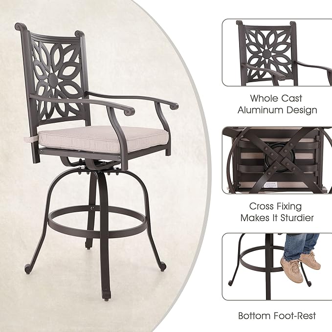 MFSTUDIO Cast Aluminum Bar Height Patio Dining Set of 7, Outdoor Table and Chairs Set with 1×54" Round Aluminum Patio Table and 6×Swivel Outdoor Bar Stool
