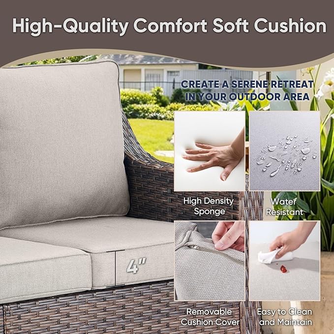 4 Piece Patio Furniture Set-Outdoor Rattan Wicker Sofa with Patio Chairs Outdoor Furniture for Porch Garden Backyard Poolside-Brown/Beige