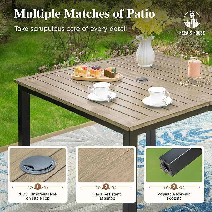 HERA'S HOUSE Metal Patio Table and Chairs Set for 4, Outdoor Dining Set 5 Pieces, 42" Square Faux Wood-Grain Table with Armrest Chairs for Garden Backyard with 1.57" Umbrella Hole