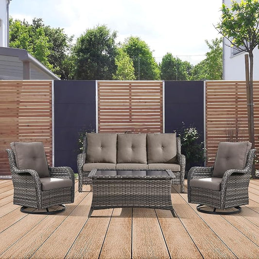 Patio Furniture 4 Piece, All-Weather PE Wicker Outdoor Furniture Set with Coffee Table,Outdoor Patio Furniture with Swivel Rocker Chairs and Outdoor Sofa, Grey/Beige