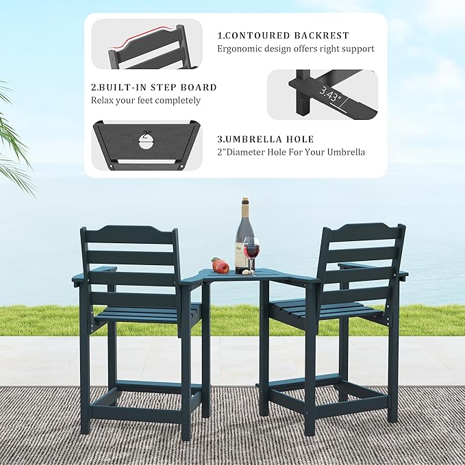 OTSUN Tall Adirondack Chairs Set of 6 with Connecting Tray, 24 inches HDPE Bar Height Outdoor Chairs, All Weather Resistant for Balcony, Porch, Kitchen (6 PCS, Black)