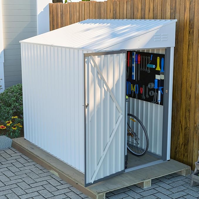 4x8 FT Outdoor Storage Shed,Lean to Lockable Metal Garden Shed Steel with Reinforced Beams,All Weather Waterproof Storage House W/Lockable Door&2 Air Vents,for Backyard,Patio,Lawn,Garden,White