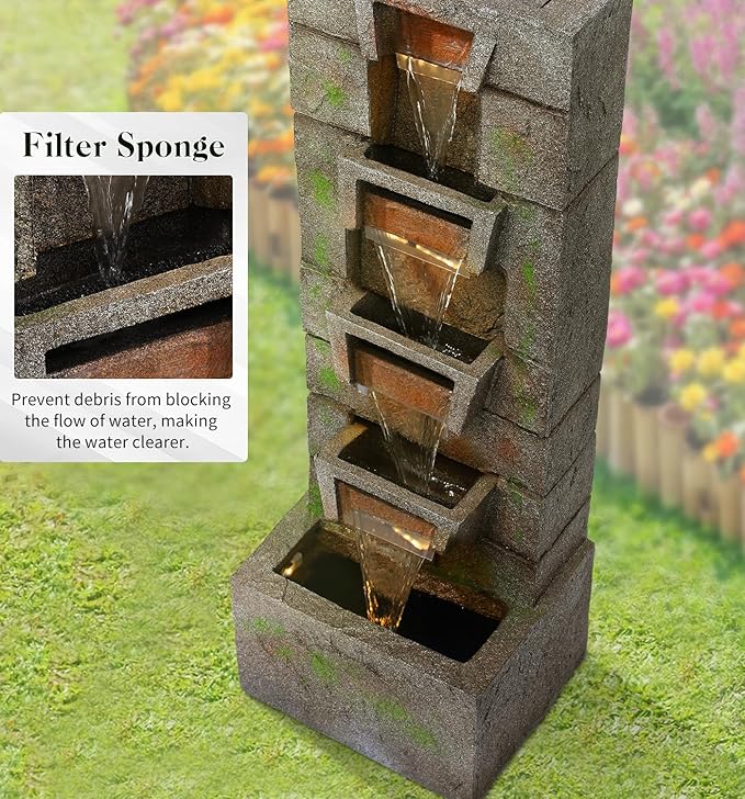 41.1" Outdoor Water Fountains Modern Fountain with LED Lights with Water Pump 4 Tier Floor Standing Outdoor Waterfall Fountain for Garden, Yard, Home Decor, Patio, Yellow