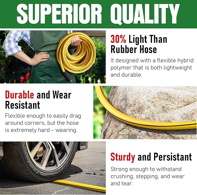 Heavy Duty Garden Hose 25ft x 5/8", NON-EXPANDABLE Flexible Water Hose for Outside, Kink Resistant Lightweight Hybrid Hose, Leakproof Rubber Hose for Outdoor, Yard, Car Wash, Garden