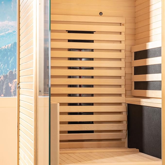 Woodbridge Infrared Home Sauna Room 1 Person Hemlock Wooden Indoor Sauna,7 Carbon 1560W/120V Heaters,with Led Color Therapy Light,Bluetooth Speaker,Tempered Glass,Touch-Tone Keypad and A Top Vent