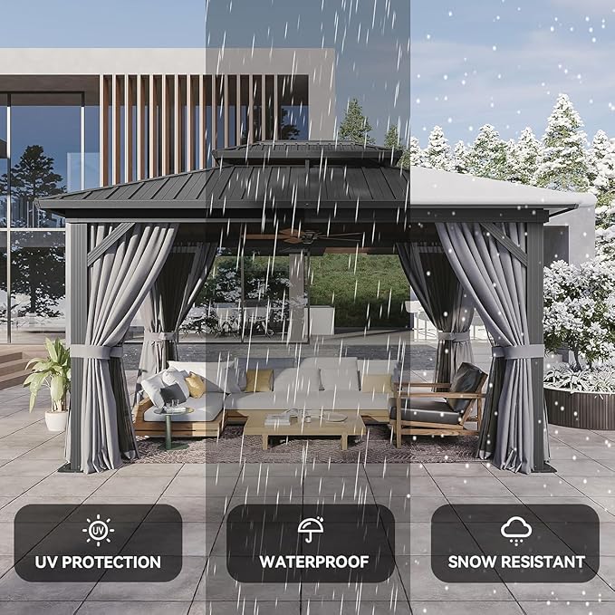 Aoxun 10'x14' Hardtop Gazebo, Aluminum Frame Canopy with Double Galvanized Steel Roof, Outdoor Metal Pavilion with Netting, Curtains for Backyard, Patio and Deck, with Ground Nails