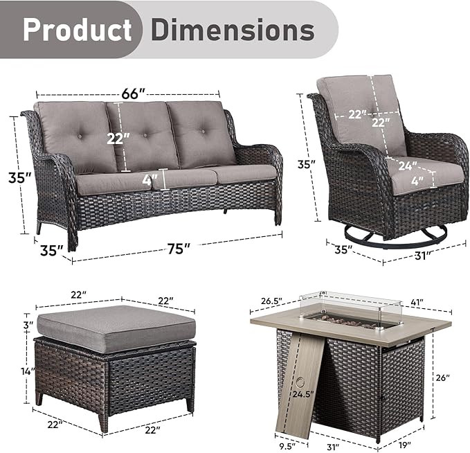 Wicker Outdoor Conversation Se with 50,000 BTU Gas Propane Fire Pit Tablet-6 Pieces Outdoor Wicker High Back Couch Patio Furniture for Deck Poolside Backyard
