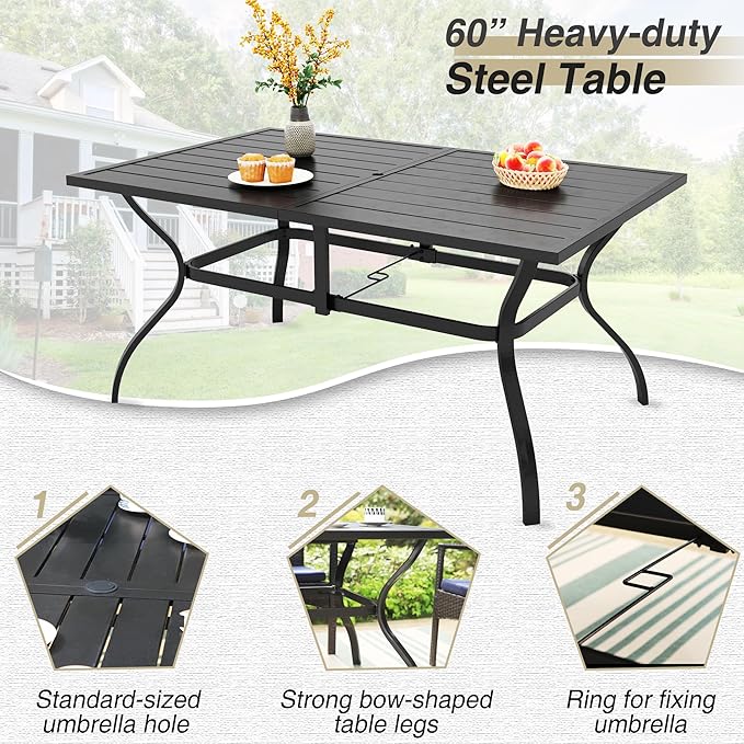 PHI VILLA 7 Pieces Patio Dining Set with Umbrella for 6, 60” Large Metal Iron Dining Table & Cushioned Rattan Wicker Chairs & 13ft Beige Umbrella for Patio, Deck, Yard, Porch