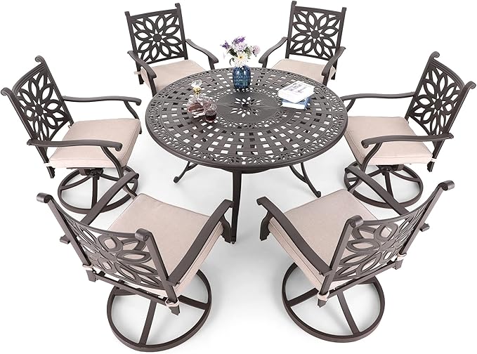 MFSTUDIO Retro Cast Aluminum Patio Dining Set with 6 Swivel & Rock Chair and 1 54" Round Outdoor Dining Table, Outdoor Table and Chairs Set of 6