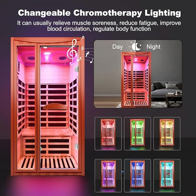 1-2 Person Home Sauna Low EMF Far Infrared Sauna with Red Light Bluetooth Speakers Indoor Dry Sauna 1550W 110V 39.37"x35.43"x74.8"