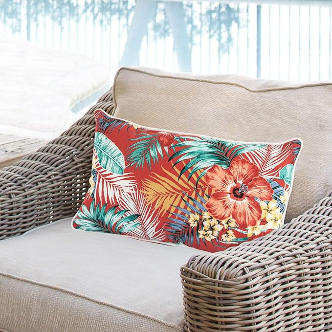 Lumbar Pillow with Insert, Set of 2, Outdoor Indoor Waterproof Decorative Patio Lumbar Pillow 12x20 Inch, Rectangular Cushion for Couch Sofa Garden Farmhouse Decoration-Chili Red Floral