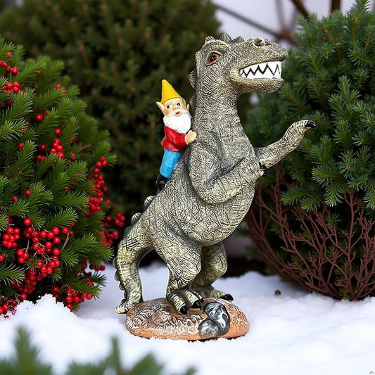 Funny Garden Gnome Riding Dinosaur Statue - Resin Outdoor Decor for Yard,Patio,Lawn - Whimsical Dinosaur Sculpture Gift for Garden Lovers
