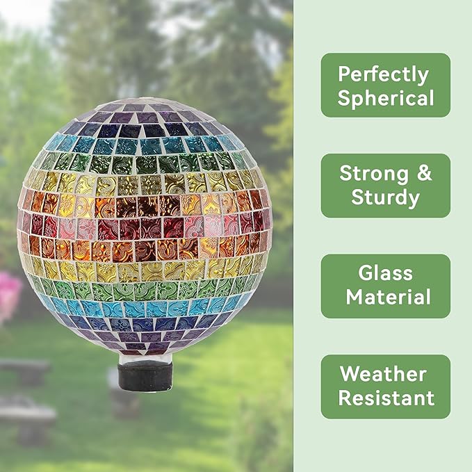 Lily's Home Colorful Mosaic Glass Gazing Ball, Designed with a Stunning Rainbow Holographic Mosaic Pattern to Bring Color to Any Home and Garden. 10 Inches Diameter