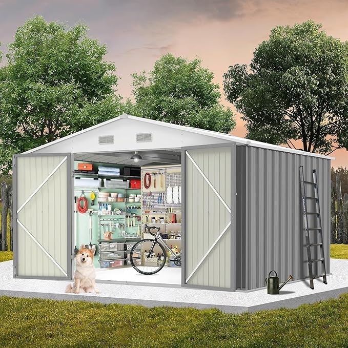 8X10FT Metal Outdoor Storage Shed - Galvanized Steel Waterproof Garden Shed with Lockable Doors & Vents, All-Weather Utility Tool Shed for Lawn Mower, Bike