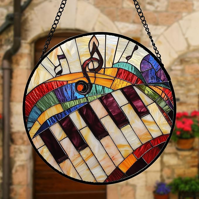 Stained Glass Window Hanging, Piano Notes Sun Catchers Glass Panel Suncatcher Decor for Birthday for Women, Men, Wife, Aunt, and Mom 7.8 in