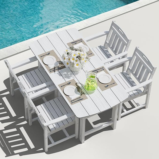 5-Piece Outdoor Dining Furniture Set with Chairs, All-Weather HDPE Patio Table and 4 Chairs, Umbrella Hole, for Garden Backyard or Deck - White