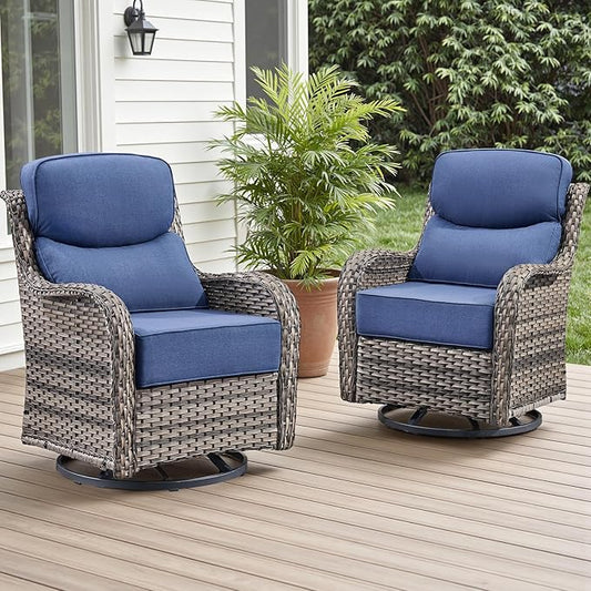 Rilyson Outdoor Patio Swivel Rocker Chairs Set of 2, Waterproof Wicker, High Back, Deep Seating, Wide Armrest, Upgraded 6 inch Thick Cushions, Ideal for Deck Porch Backyard, Mixed Grey/Blue
