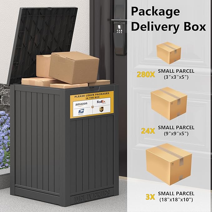 Package Delivery Box for Outside with Sign, 48 Gallon Storage with Lockable Secure, Large Double Wall Resin Outdoor Package Delivery Waterproof
