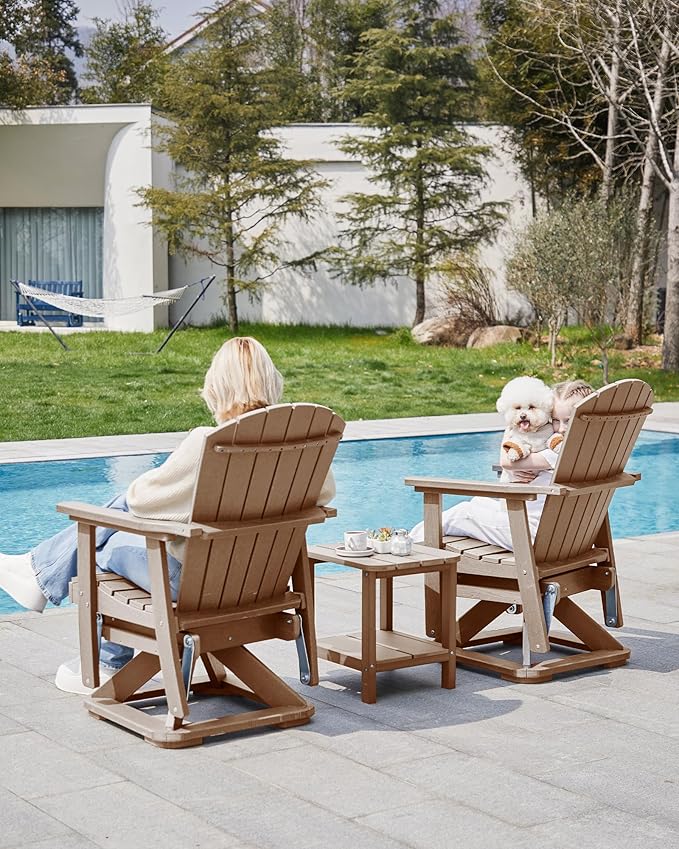 SERWALL Adirondack Swivel Glider Chair, HDPE Patio Swivel Glider Set of 2, All-Weather Glider Chair for Porch, Balcony, Wood Brown