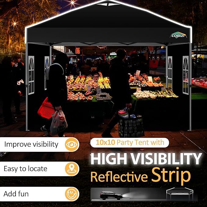 COBIZI 10x10 Pop up Canopy Tent with Sidewalls,One Person Setup, Waterproof,3 Adjustable Height,Outdoor Commercial Gazebo with Air Vent, Reflective Strip,4 Sandbags for Garden,Party, Beach,(Black)