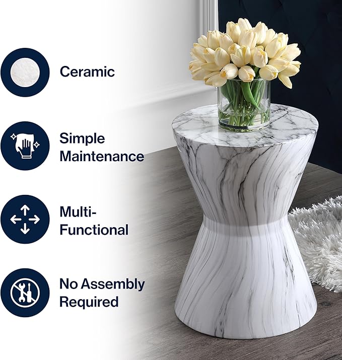JONATHAN Y TBL1020A African Drum 17.3" White Marble Finish Ceramic Indoor/Outdoor Garden Stool, Contemporary, Midcentury, Modern, Scandinavian, Side Table, Plant Stand,Spill-Proof, White Marble Finish
