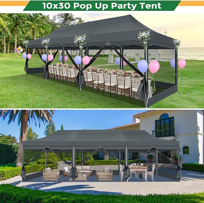 COBIZI 10x30 Heavy Duty Pop Up Canopy Tent with 8 Sidewalls, Commercial Gazebo Party Tent with Mosquito Netting Wall Easy Set Up Outdoor Instant Screen Tent for Backyard, Patio, Garden, Gray
