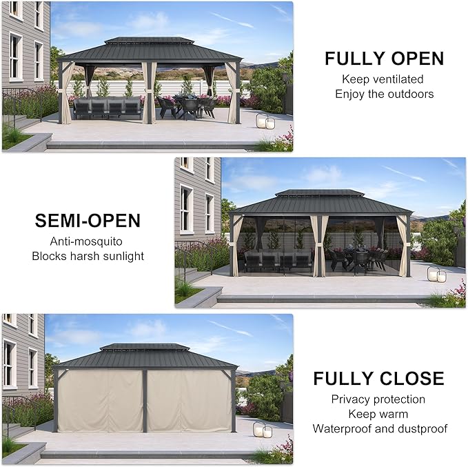 PURPLE LEAF 12' X 20' Hardtop Gazebo with Galvanized Steel Double Roof Aluminum Metal Gazebo for Patio Lawn and Garden Included Netting and Beige Curtains