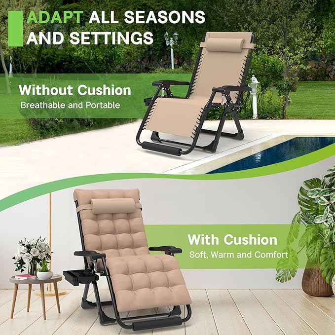 ZENPETIO 29In XL Zero Gravity Chair w/Cushion, Zero Gravity Recliner Lounge Chair for Indoor and Outdoor, Reclining Camping Chair for Lawn, Anti Gravity Chair with Cup Holder and Footrest, 440LBS