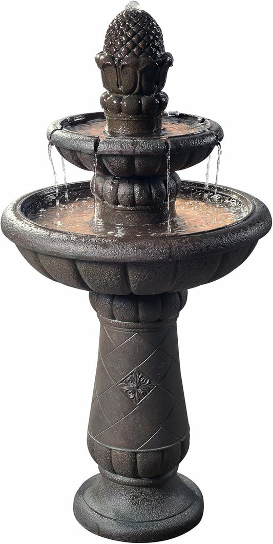 Teamson Home Deluxe Pineapple Pedestal 2 Tiered Floor Waterfall Fountain with Pump for Outdoor Patio Garden Backyard Decking, 39 Inch Height, Iron Gray