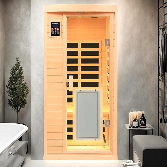 Infrared Sauna for 1 Person Hemlock Far-Infrared Single Person Indoor Sauna with LCD Display, Touch Control Audio System, LED Reading Light, Natural