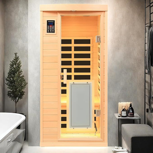 Infrared Sauna for 1 Person Hemlock Far-Infrared Single Person Indoor Sauna with LCD Display, Touch Control Audio System, LED Reading Light, Natural