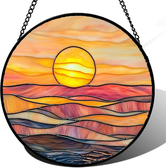 Stained Glass Window Hanging, Orange Sunrise Suncatcher Diamond Glass Panel Hangings Scenery Sun Catchers Decor for Birthday for Women, Men, Wife, Aunt, and Mom 11.8 in